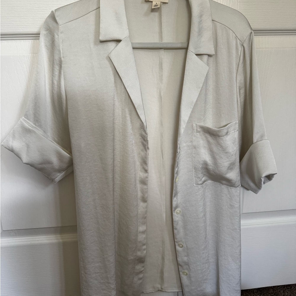 Open Edit Satin Button-Up Shirt – Light Beige, Size S